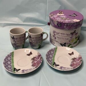 Belle Jardiniere Violette Flor Espresso 4 Piece Set Purple Green White Porcelain